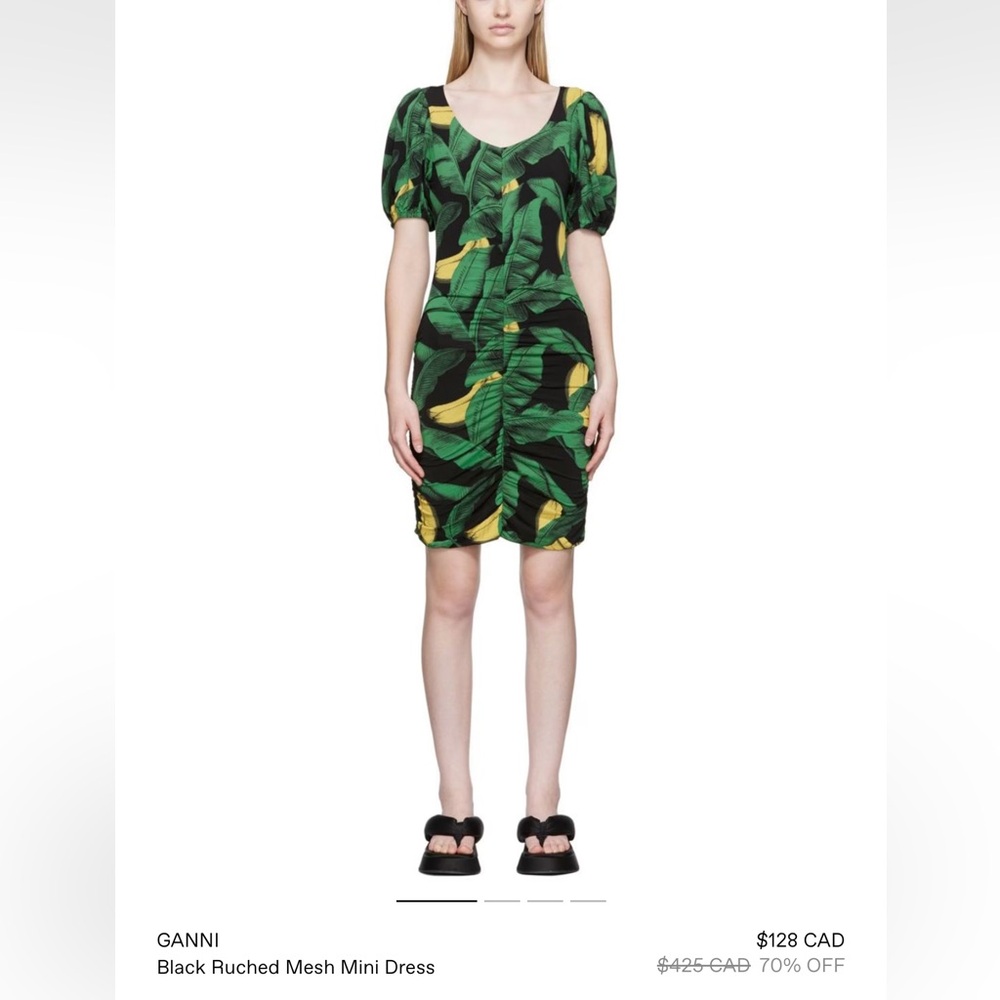 Ganni Leaf Print Black and Green Mini Dress